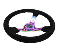 NRG Reinforced Steering Wheel (350mm / 3in. Deep) Blk Suede/Blk Stitch w/Neochrome Slits - My Store