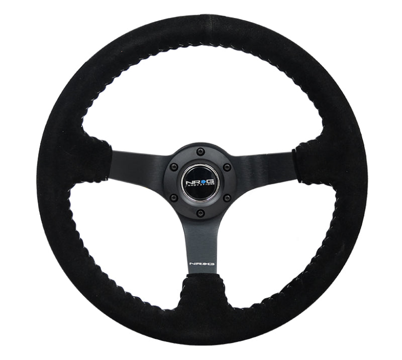 NRG Reinforced Steering Wheel (350mm / 3in. Deep) Blk Suede/Silver BBall Stitch w/5mm Mt. Blk Spokes - My Store