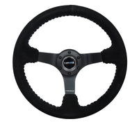 NRG Reinforced Steering Wheel (350mm / 3in. Deep) Blk Suede/Silver BBall Stitch w/5mm Mt. Blk Spokes - My Store