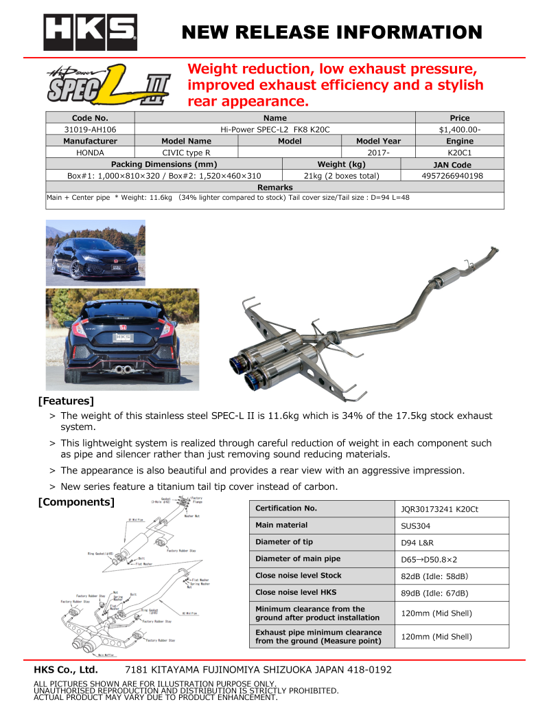 HKS Hi-Power Muffler SPEC-L2 FK8 K20C - Mammoth Racing -