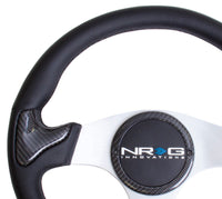 NRG Carbon Fiber Steering Wheel (350mm) Silver Frame Blk Stitching w/Rubber Cover Horn Button - My Store