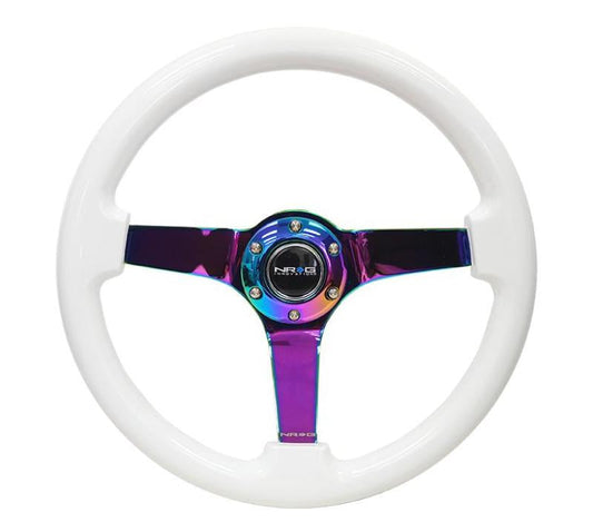 NRG Reinforced Steering Wheel (350mm / 3in. Deep) Classic White w/4mm Neochrome Solid 3-Spoke - My Store