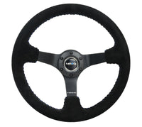 NRG Reinforced Steering Wheel (350mm / 3in. Deep) Blk Suede/Blue BBall Stitch w/5mm Matte Blk Spokes - My Store