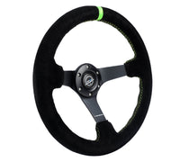 NRG Reinforced Steering Wheel 350mm/3in. Deep Blk Suede/ Neon Green Stitch w/5mm Matte Black Spoke - My Store