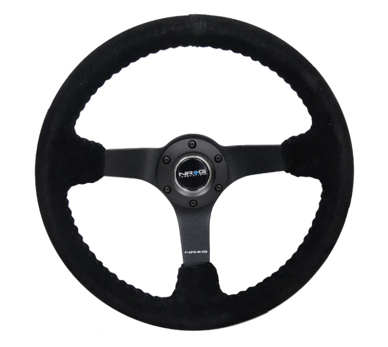 NRG Reinforced Steering Wheel (350mm / 3in. Deep) Blk Suede/Blk Bball Stitch w/5mm Matte Black Spoke - My Store