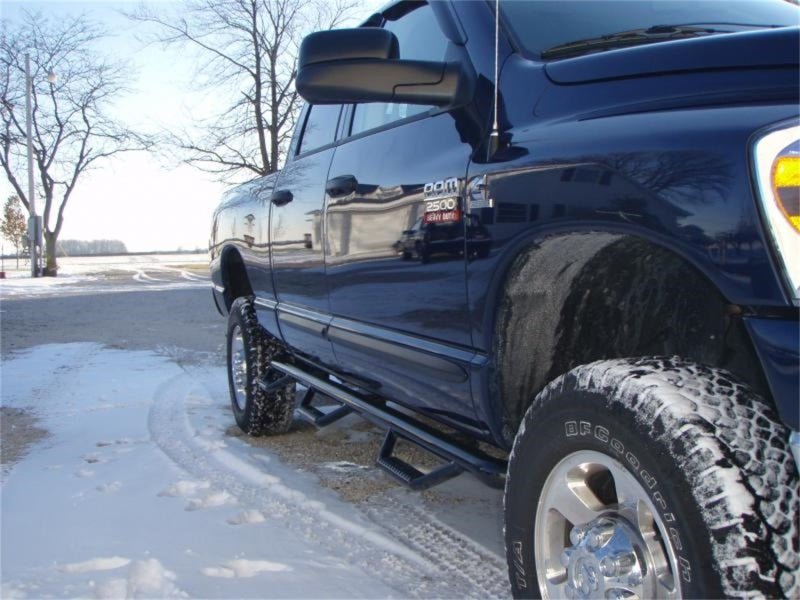 N-Fab Nerf Step 02-08 Dodge Ram 1500/2500/3500 Quad Cab 6.4ft Bed - Gloss Black - Bed Access - 3in - Mammoth Racing -