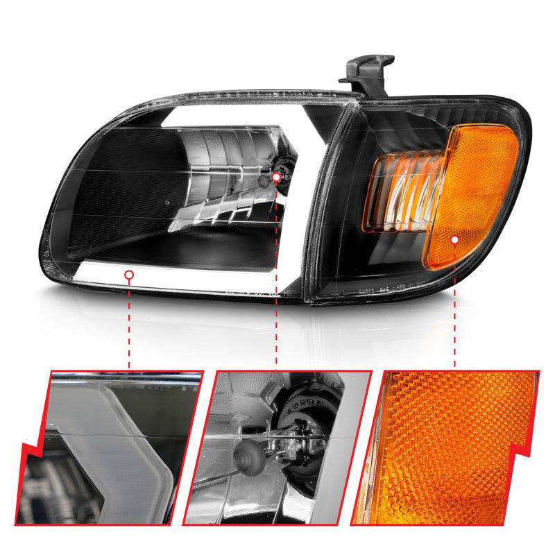 ANZO 00-04 Toyota Tundra (Fits Reg/Acc Cab Only) Crystal Headlights w/Light Bar Black w/Corner Light - My Store