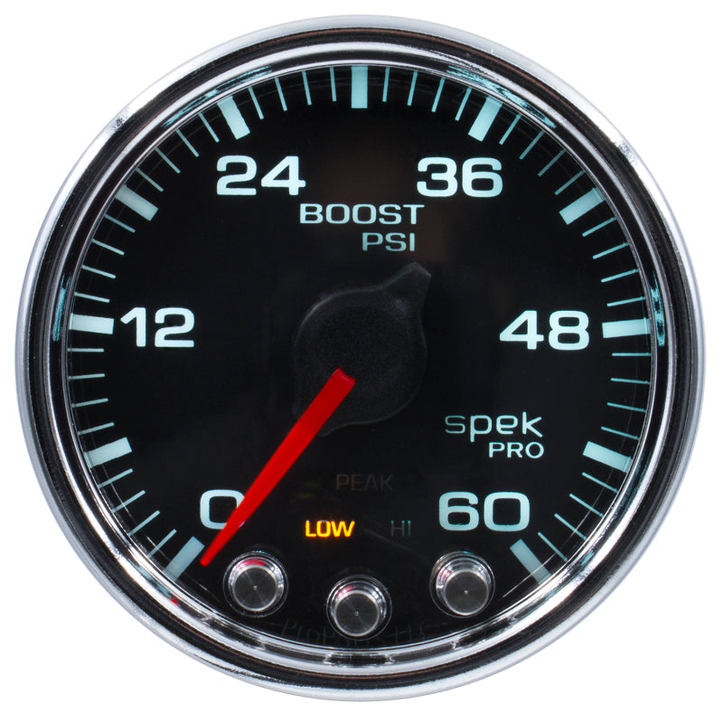 Autometer Spek-Pro Gauge Boost 2 1/16in 60psi Stepper Motor W/Peak & Warn Blk/Chrm - My Store