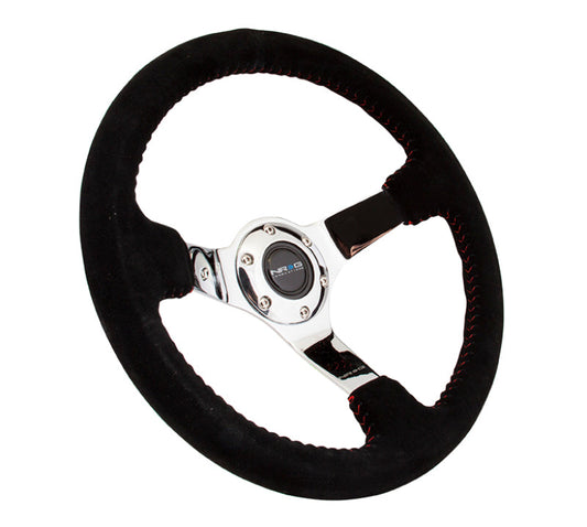 NRG Reinforced Steering Wheel (350mm / 3in. Deep) Blk Suede w/Red BBall Stitch & Chrome 3-Spoke - My Store