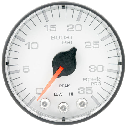 Autometer Spek-Pro 2 1/16in 35psi Stepper Motor W/Peak & Warn White/Black Boost Gauge