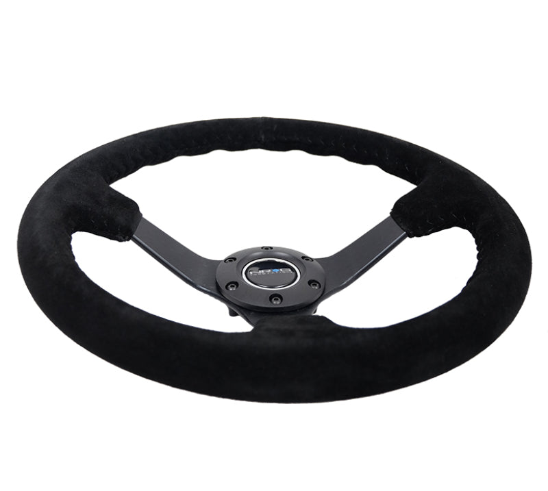 NRG Reinforced Steering Wheel (350mm / 3in. Deep) Blk Suede/Blk Bball Stitch w/5mm Matte Black Spoke - My Store