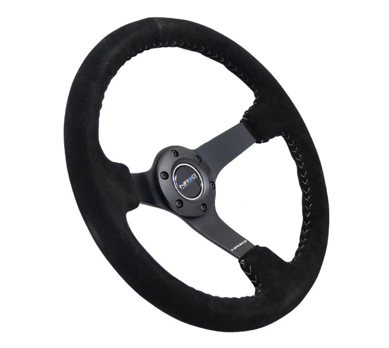 NRG Reinforced Steering Wheel (350mm / 3in. Deep) Blk Suede/Silver BBall Stitch w/5mm Mt. Blk Spokes - My Store