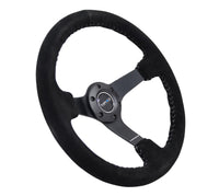 NRG Reinforced Steering Wheel (350mm / 3in. Deep) Blk Suede/Silver BBall Stitch w/5mm Mt. Blk Spokes - My Store