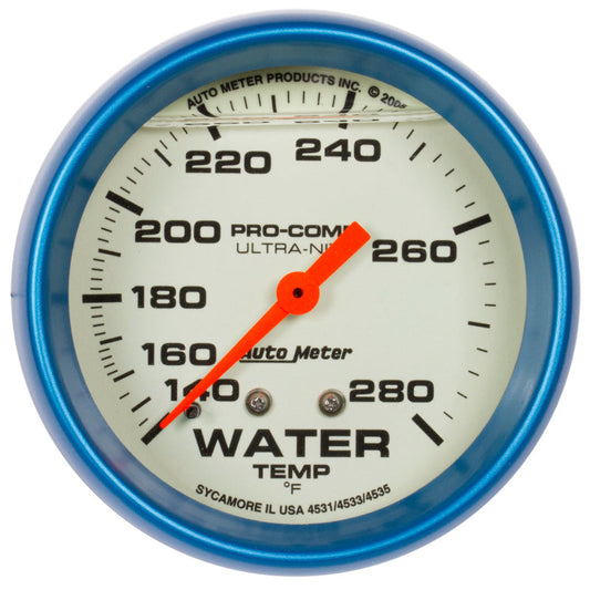 Autometer Ultra-Nite 2-5/8in 140-280 Degree Liquid Filled Mechanical Glow In Dark Water Temp Gauge - My Store