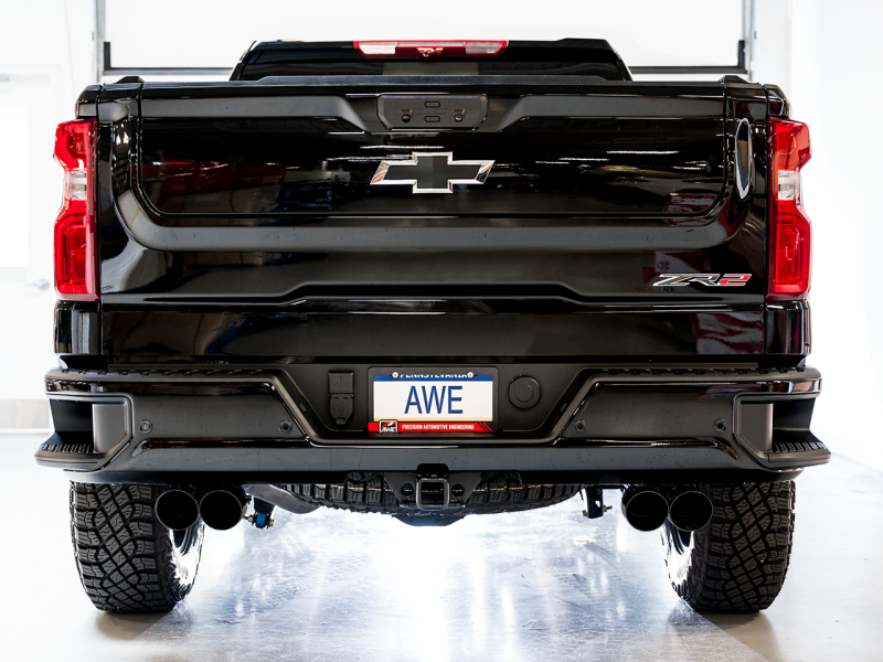 AWE Tuning 22-23 GMC Sierra 1500 AT4X 6.2L 0FG Catback Split Dual (Flat Bumper) - Diamond Black Tips - Mammoth Racing -