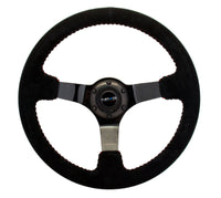 NRG Reinforced Steering Wheel (350mm / 3in. Deep) Blk Suede w/Red BBall Stitch & Black 3-Spoke - My Store