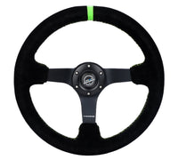 NRG Reinforced Steering Wheel 350mm/3in. Deep Blk Suede/ Neon Green Stitch w/5mm Matte Black Spoke - My Store