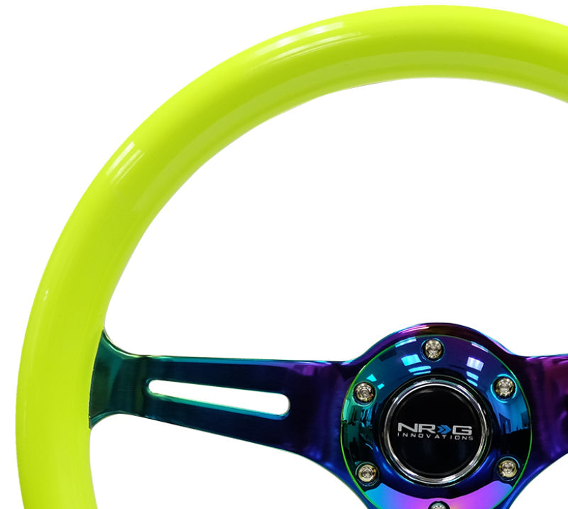 NRG Classic Wood Grain Steering Wheel (350mm) Neon Yellow Color w/Neochrome Spokes - My Store