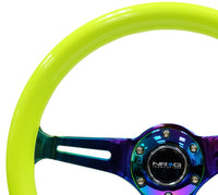 NRG Classic Wood Grain Steering Wheel (350mm) Neon Yellow Color w/Neochrome Spokes - My Store