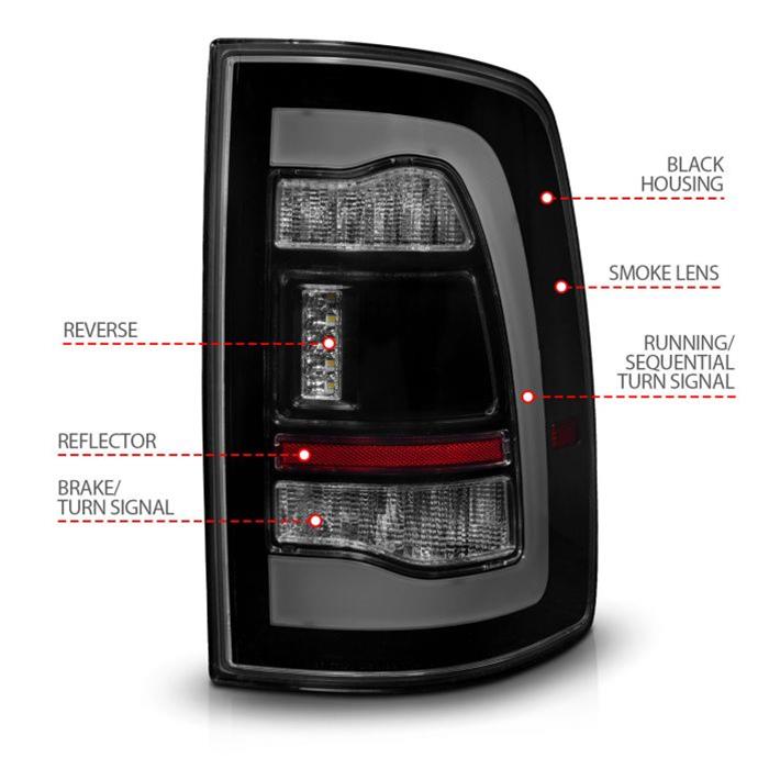 ANZO 09-18 Dodge Ram 1500 Sequential LED Taillights Smoke Black - Mammoth Racing -