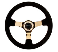 NRG Reinforced Steering Wheel (350mm / 3in. Deep) Blk Suede w/Red BBall Stitch & Chrome Gold 3-Spoke - My Store