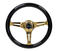 NRG Classic Wood Grain Steering Wheel (350mm) Black Grip w/Chrome Gold 3-Spoke Center - My Store