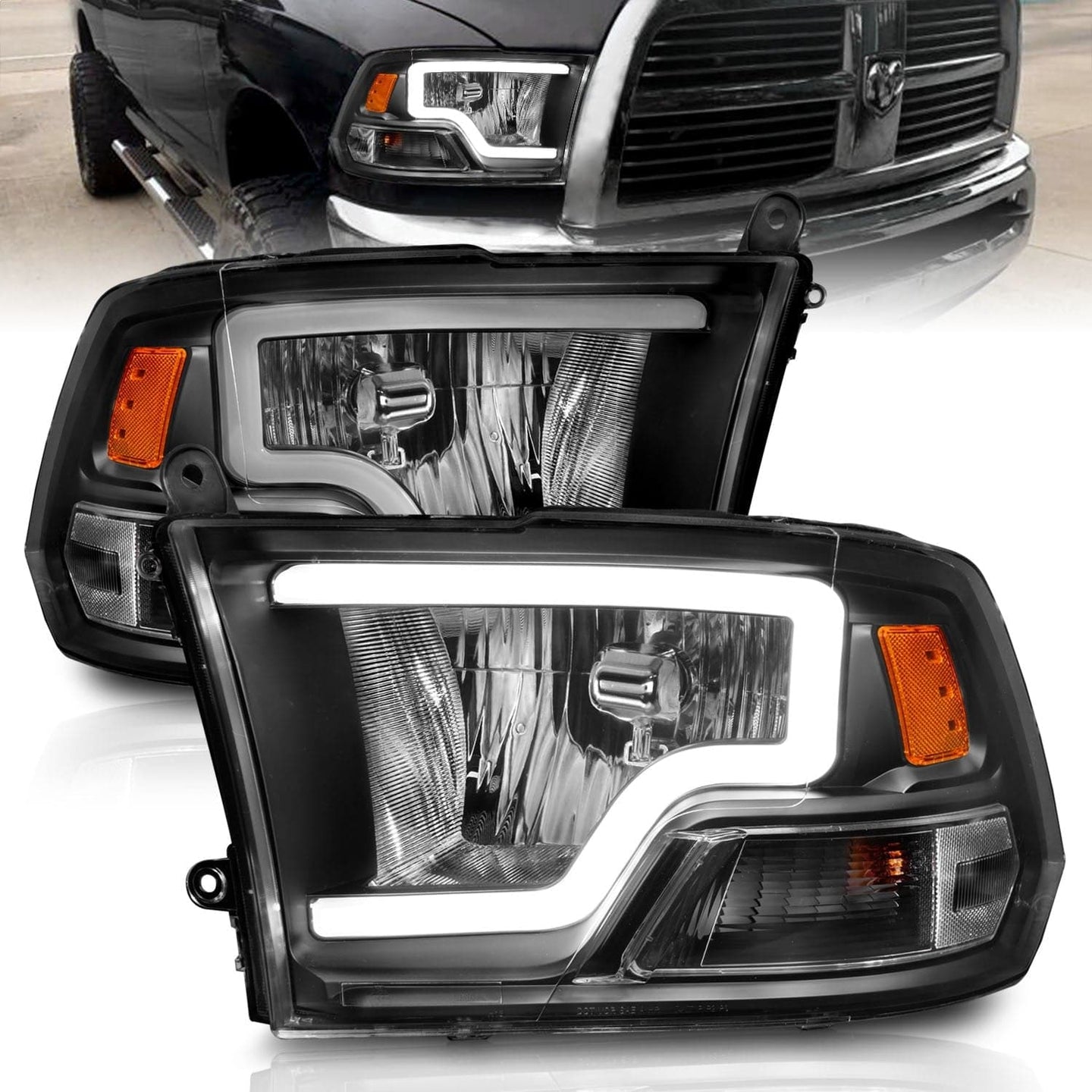 ANZO 2009-2018 Dodge Ram 1500 Crystal Headlights w/ Light Bar Black Housing - My Store