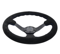 NRG Reinforced Steering Wheel (350mm / 3in. Deep) Blk Suede/Blue BBall Stitch w/5mm Matte Blk Spokes - My Store