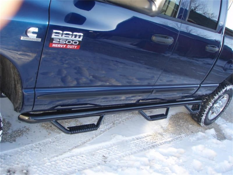N-Fab Nerf Step 02-08 Dodge Ram 1500/2500/3500 Quad Cab 6.4ft Bed - Gloss Black - Bed Access - 3in - Mammoth Racing -