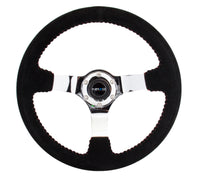 NRG Reinforced Steering Wheel (350mm / 3in. Deep) Blk Suede w/Red BBall Stitch & Chrome 3-Spoke - My Store