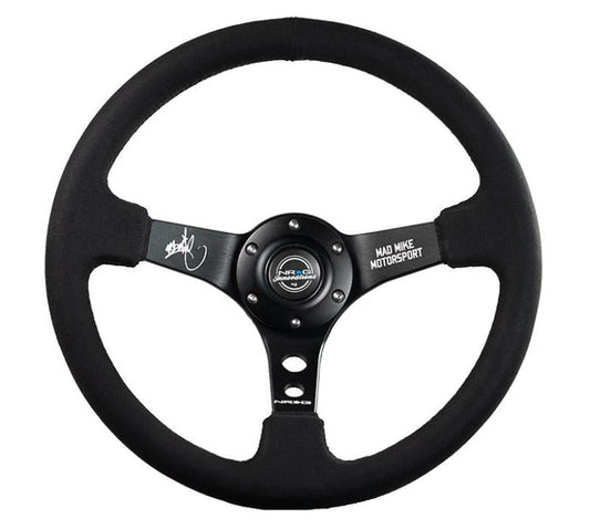 NRG Reinforced Steering Wheel (3in. Deep) Mad Mike /5mm Spoke/ Alcantara Finish/ Black Stitching - My Store
