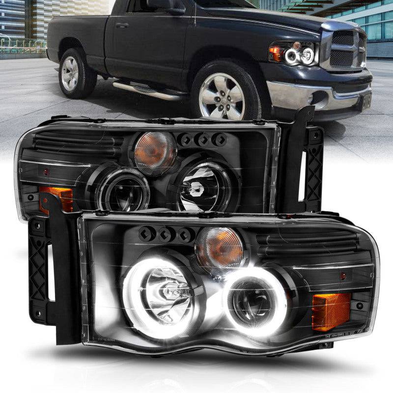 ANZO 2002-2005 Dodge Ram 1500 Projector Headlights w/ Halo Black Clear Amber - My Store