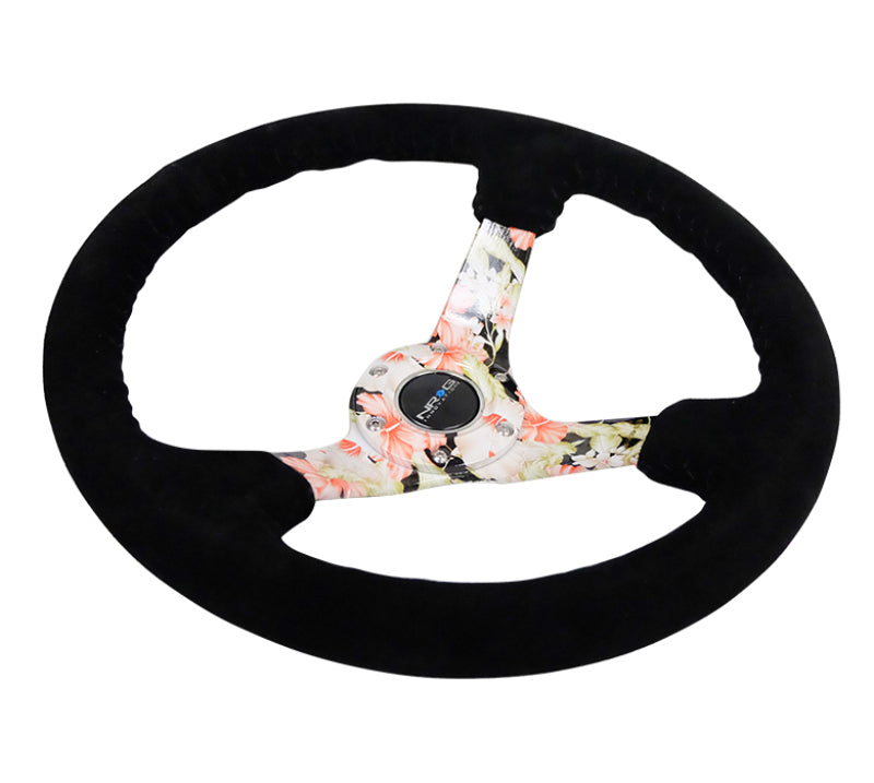NRG Reinforced Steering Wheel (350mm / 3in. Deep) Blk Suede Floral Dipped w/ Blk Baseball Stitch - My Store