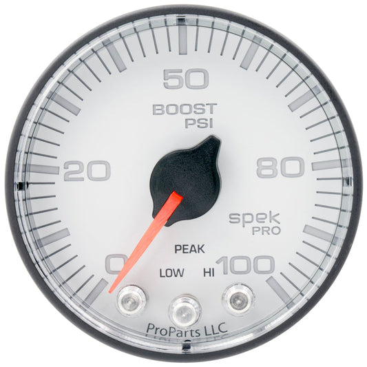 Autometer Spek-Pro 2 1/16in 100psi Stepper Motor W/Peak & Warn White/Black Boost Gauge - My Store