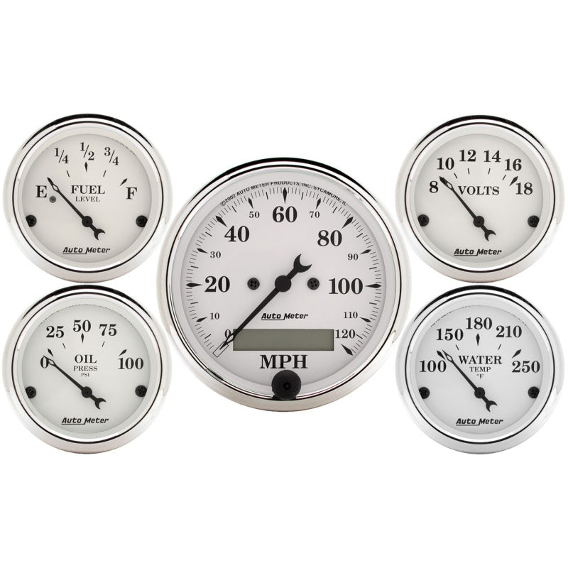 Autometer Old Tyme White 5 Piece Kit (Elec Speed/Elec Oil Press/Water Temp/Volt/Fuel Level) In-Dash - My Store