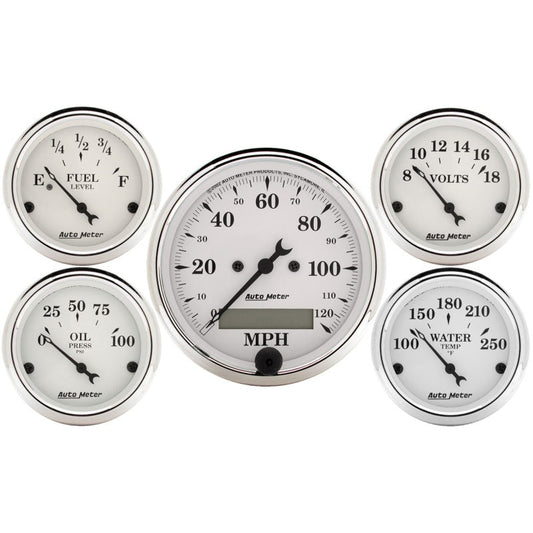Autometer Old Tyme White 5 Piece Kit (Elec Speed/Elec Oil Press/Water Temp/Volt/Fuel Level) In-Dash - My Store