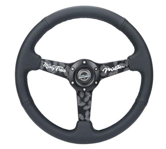 NRG Sport Steering Wheel (350mm/ 1.5in. Deep) Black Etched Spokes/ Black Leather w/ Black Stitch - My Store