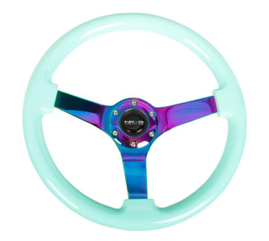 NRG Reinforc Steering Wheel (350mm / 3in. Deep) Minty Fresh Wood Grain w/Neochrome 3-Spoke Center - My Store