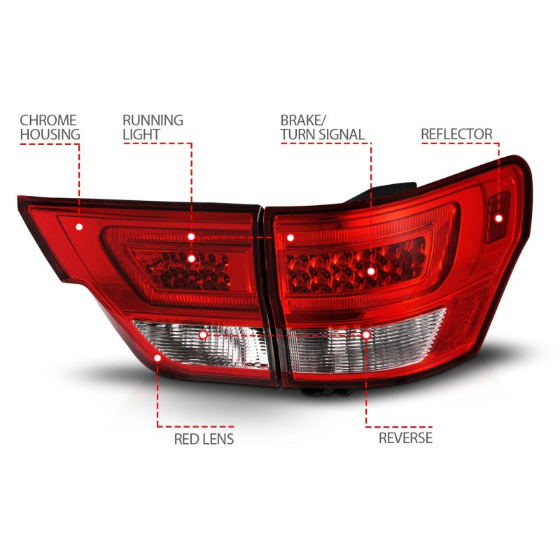 ANZO 11-13 Jeep Grand Cherokee LED Taillights w/ Lightbar Chrome Housing Red/Clear Lens 4pcs - Mammoth Racing -