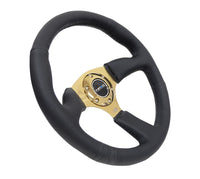 NRG Reinforced Steering Wheel (350mm / 2.5in. Deep) Leather Race Comfort Grip w/4mm Gold Spokes - My Store