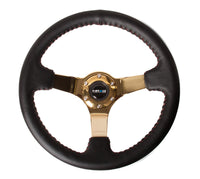 NRG Reinforced Steering Wheel (350mm / 3in. Deep) Blk Leather/Red BBall Stitch w/4mm Gold Spokes - My Store