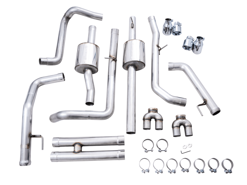 AWE Tuning 22-23 GMC Sierra 1500 AT4X 6.2L 0FG Catback Split Dual (Flat Bumper) - Chrome Silver Tips - My Store