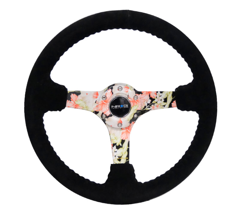 NRG Reinforced Steering Wheel (350mm / 3in. Deep) Blk Suede Floral Dipped w/ Blk Baseball Stitch - My Store