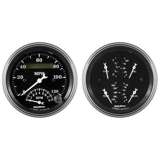 Auto Meter Gauge Kit 2 pc. Quad & Tach/Speedo 3 3/8in Old Tyme Black - My Store
