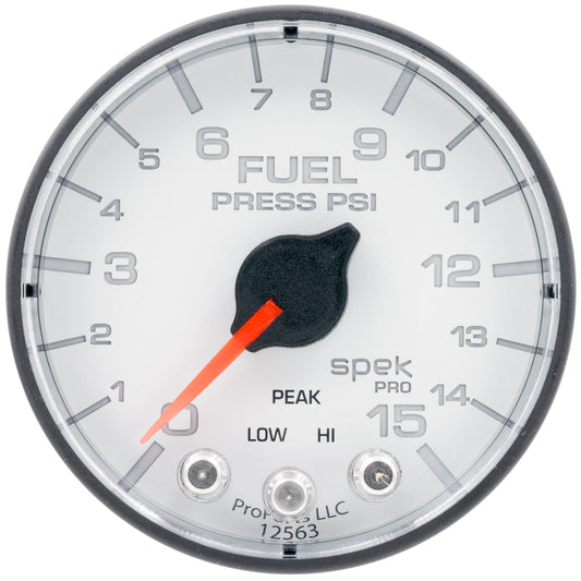 Autometer Spek-Pro Gauge Fuel Press 2 1/16in 15psi Stepper Motor W/Peak & Warn Wht/Blk - My Store
