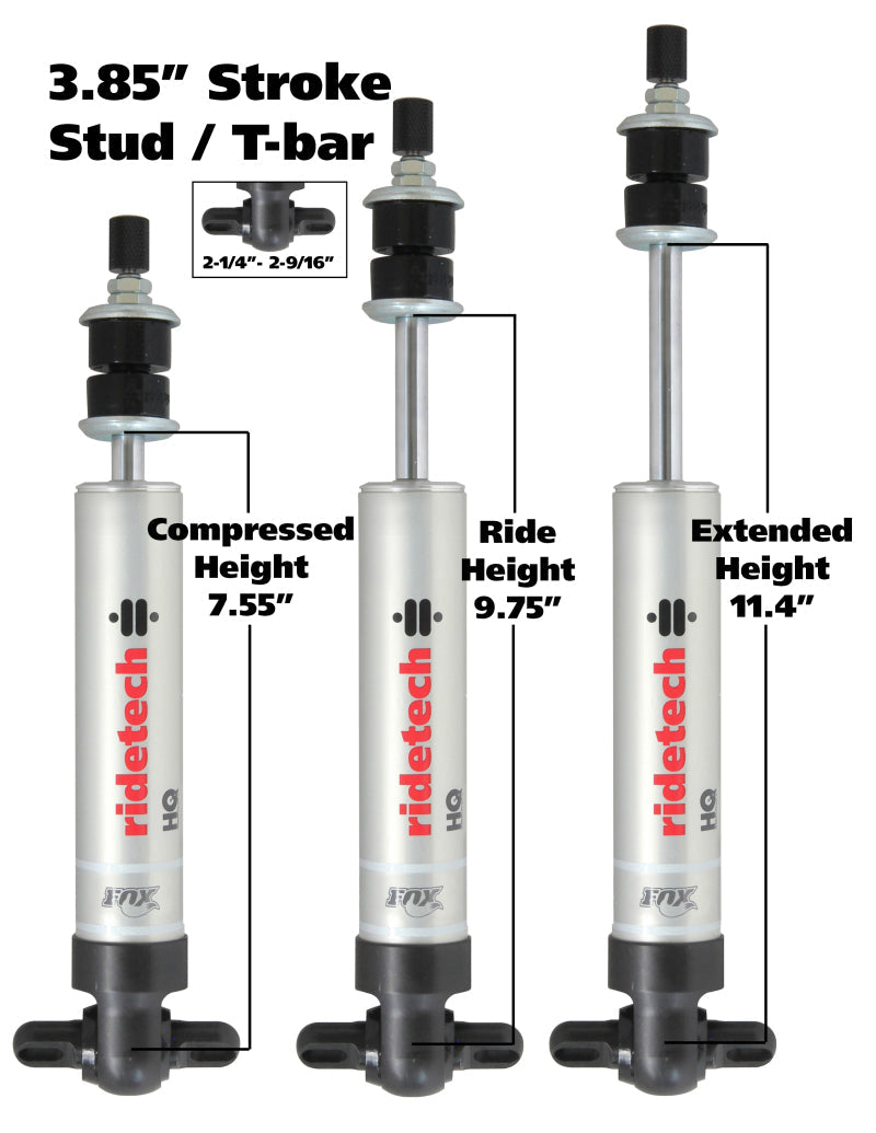 Ridetech HQ Series Shock Absorber Fixed Valve 3.85 Stroke Narrow T-bar/Stud Mounting 7.55in x 11.4in - Mammoth Racing -