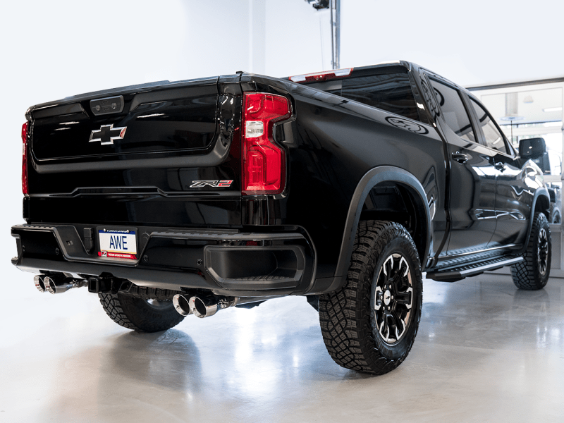 AWE Tuning 22-23 GMC Sierra 1500 AT4X 6.2L 0FG Catback Split Dual (Flat Bumper) - Chrome Silver Tips - My Store
