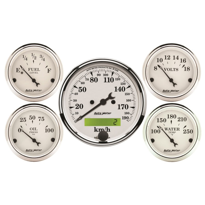 Autometer Old Tyme White 5 Pc Kit-Elec Speed(Km/H)/Elec Oil Press/Water Temp/Volt/Fuel Level - My Store