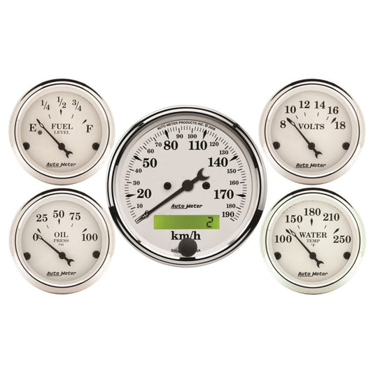 Autometer Old Tyme White 5 Pc Kit-Elec Speed(Km/H)/Elec Oil Press/Water Temp/Volt/Fuel Level - My Store