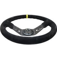 NRG Reinforced Steering Wheel (350mm / 3in. Deep) Blk Suede w/NRG Arrow Cut 2-Spoke & Yellow Mark - My Store